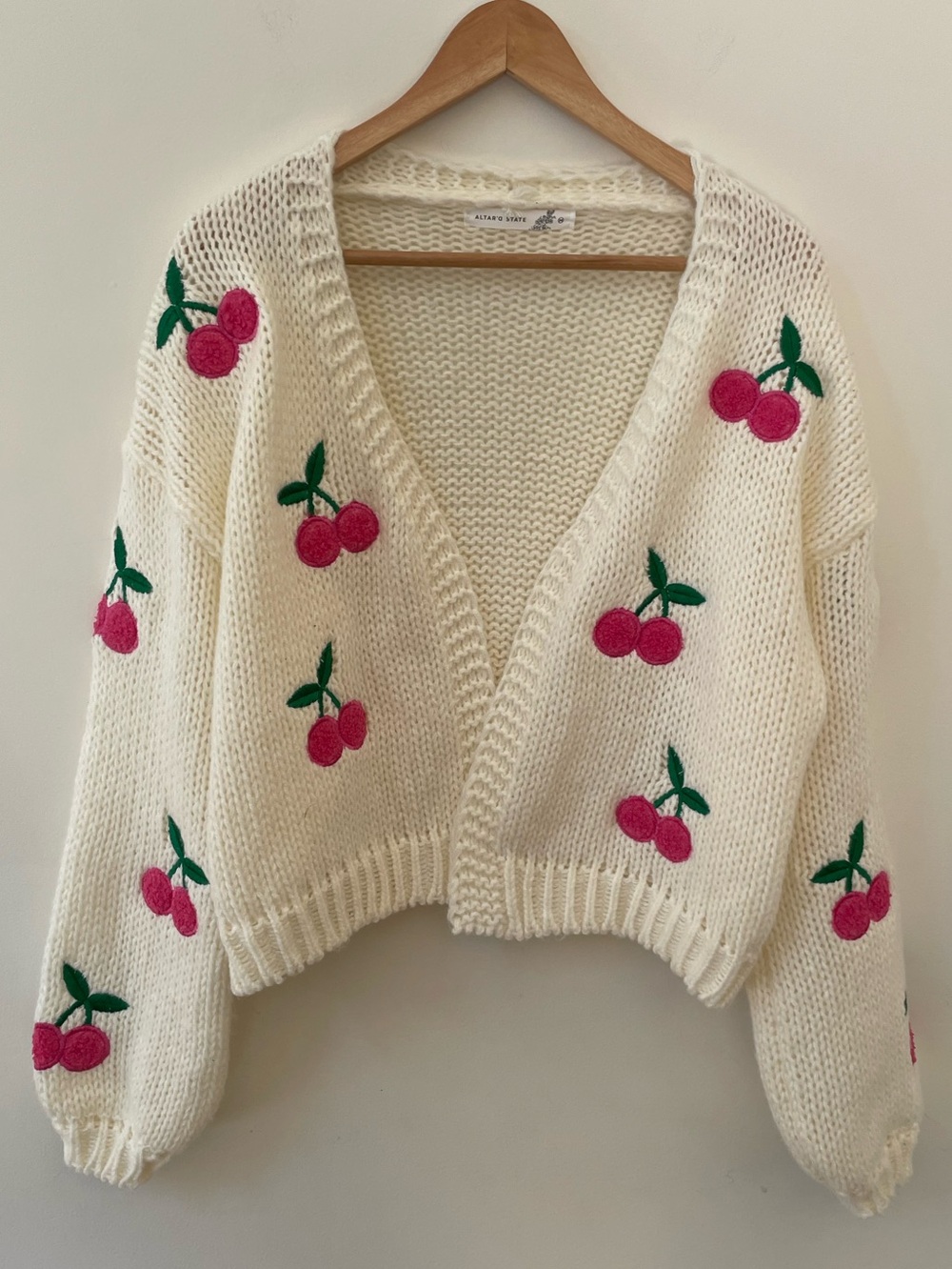 Altar'd State Ivory Cropped Cardigan with Pink Cherry Embroidery
